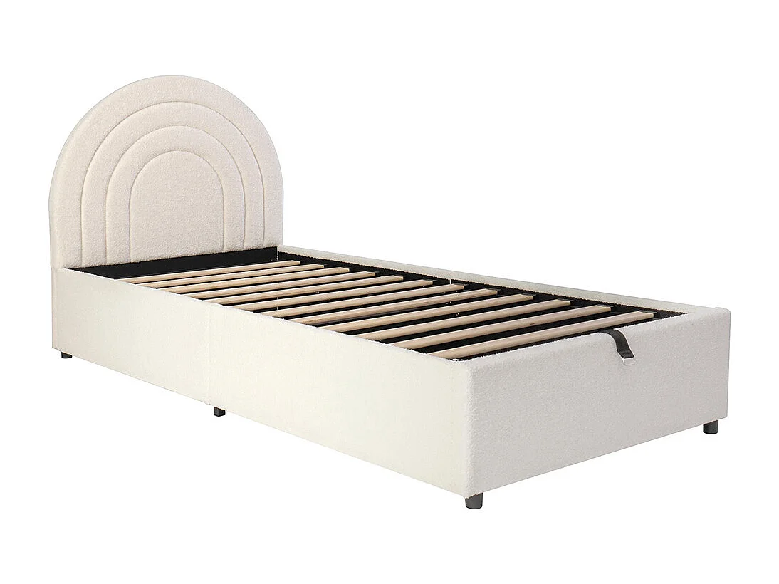 Lit coffre rembourré beige 90x200 cm pour enfant adolescent avec sommier à lattes tête de lit rangement bouclé montage facile