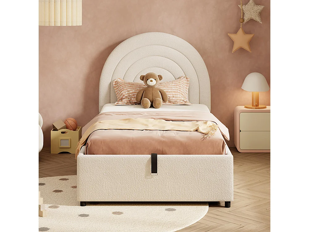Lit coffre rembourré beige 90x200 cm pour enfant adolescent avec sommier à lattes tête de lit rangement bouclé montage facile