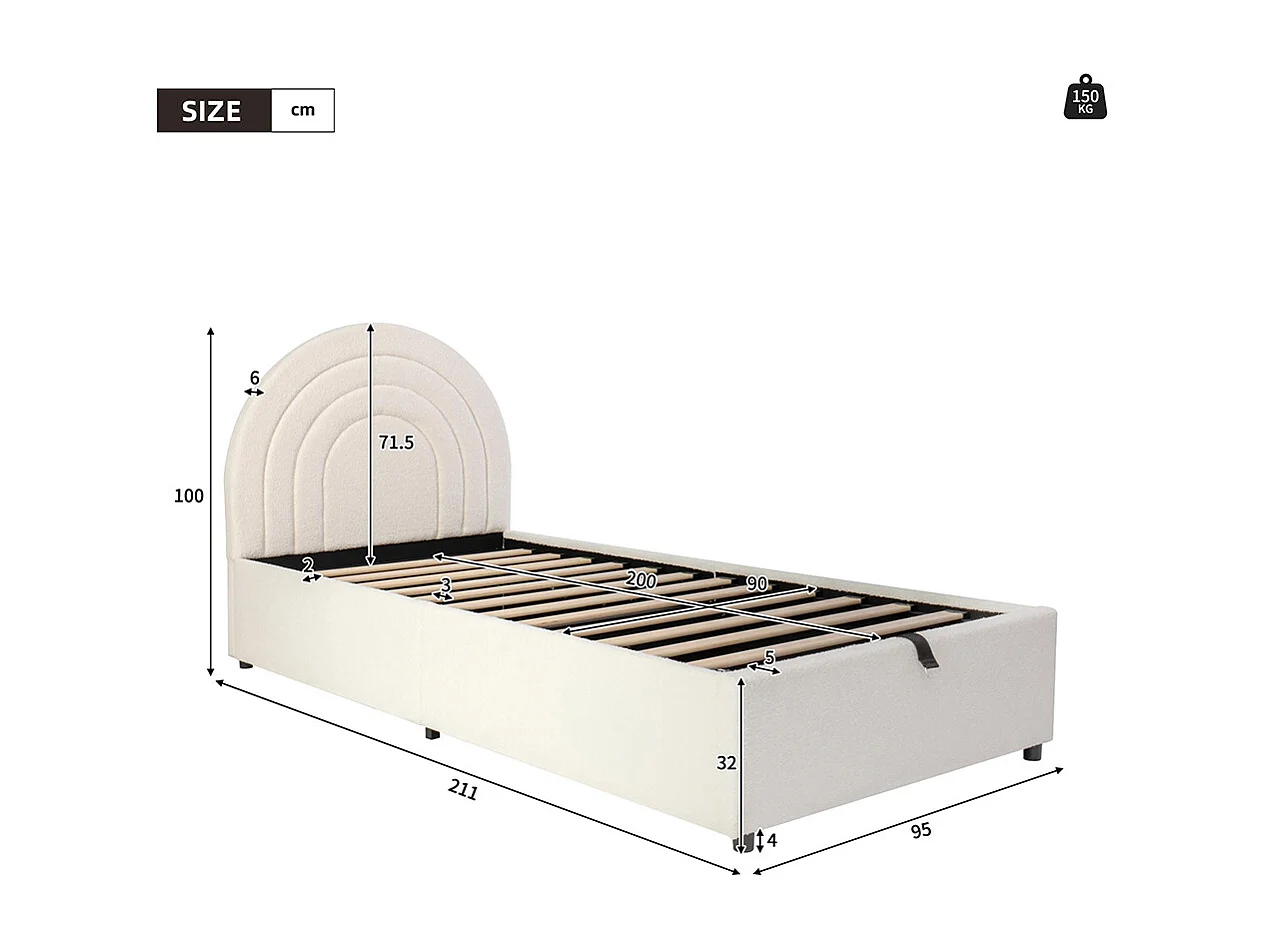 Lit coffre rembourré beige 90x200 cm pour enfant adolescent avec sommier à lattes tête de lit rangement bouclé montage facile