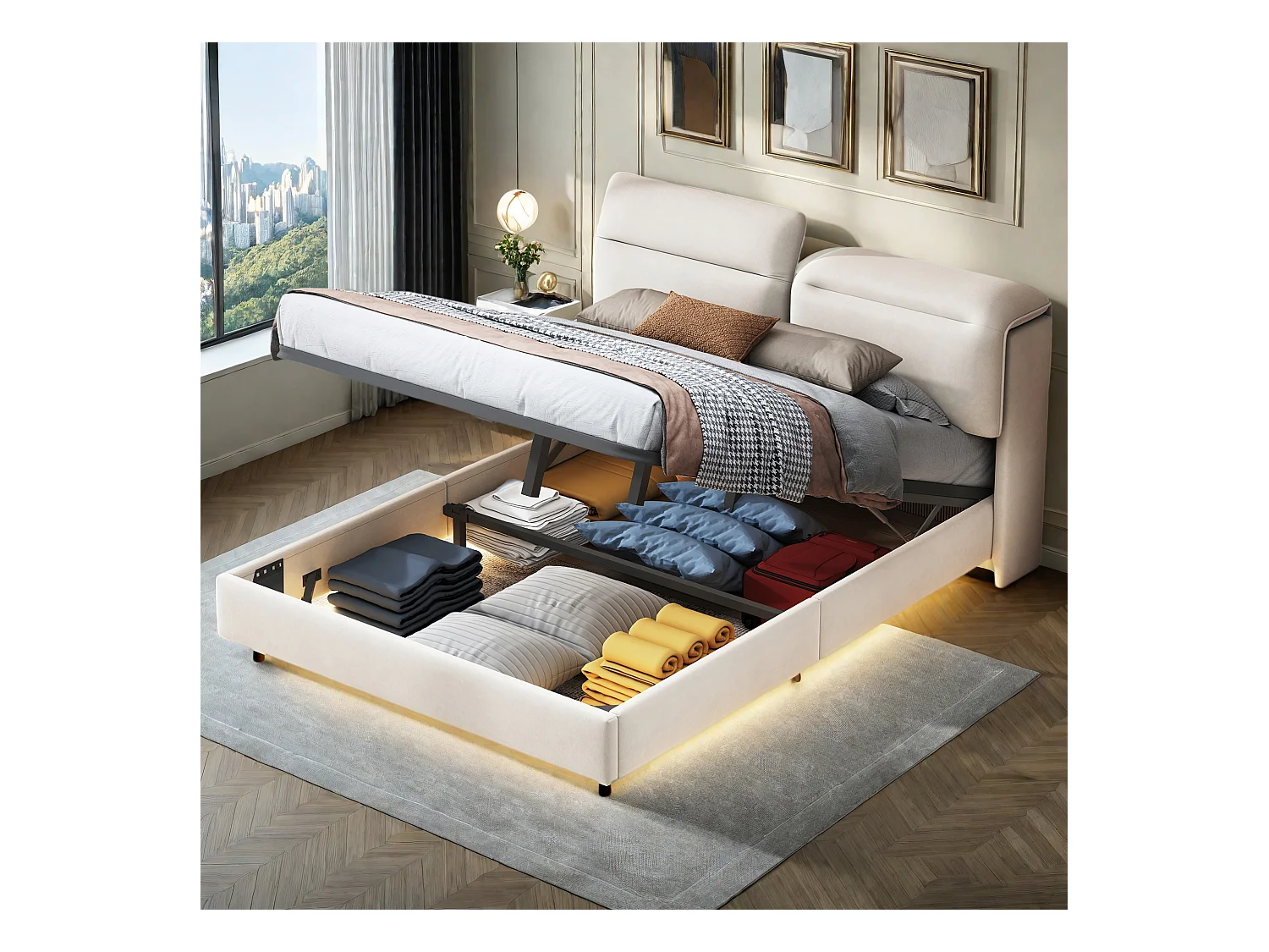 Cama doble color blanco roto, 160 x 200 cm, con iluminación LED, con cabecero abatible, arcón, hidráulica, en terciopelo, sin colchón