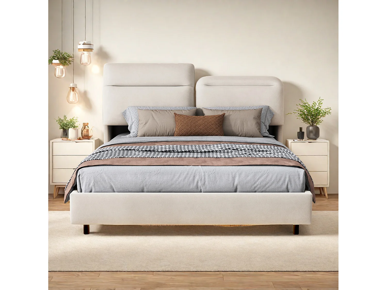 Cama doble color blanco roto, 160 x 200 cm, con iluminación LED, con cabecero abatible, arcón, hidráulica, en terciopelo, sin colchón