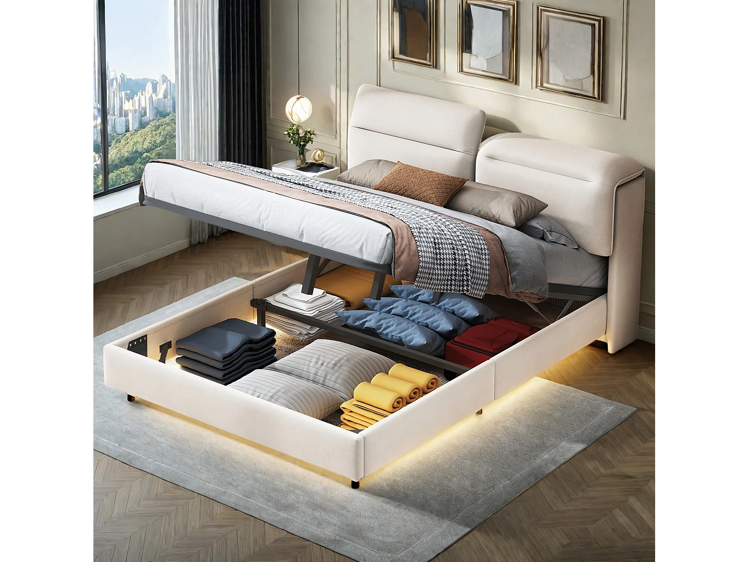 Cama doble color blanco roto, 160 x 200 cm, con iluminación LED, con cabecero abatible, arcón, hidráulica, en terciopelo, sin colchón