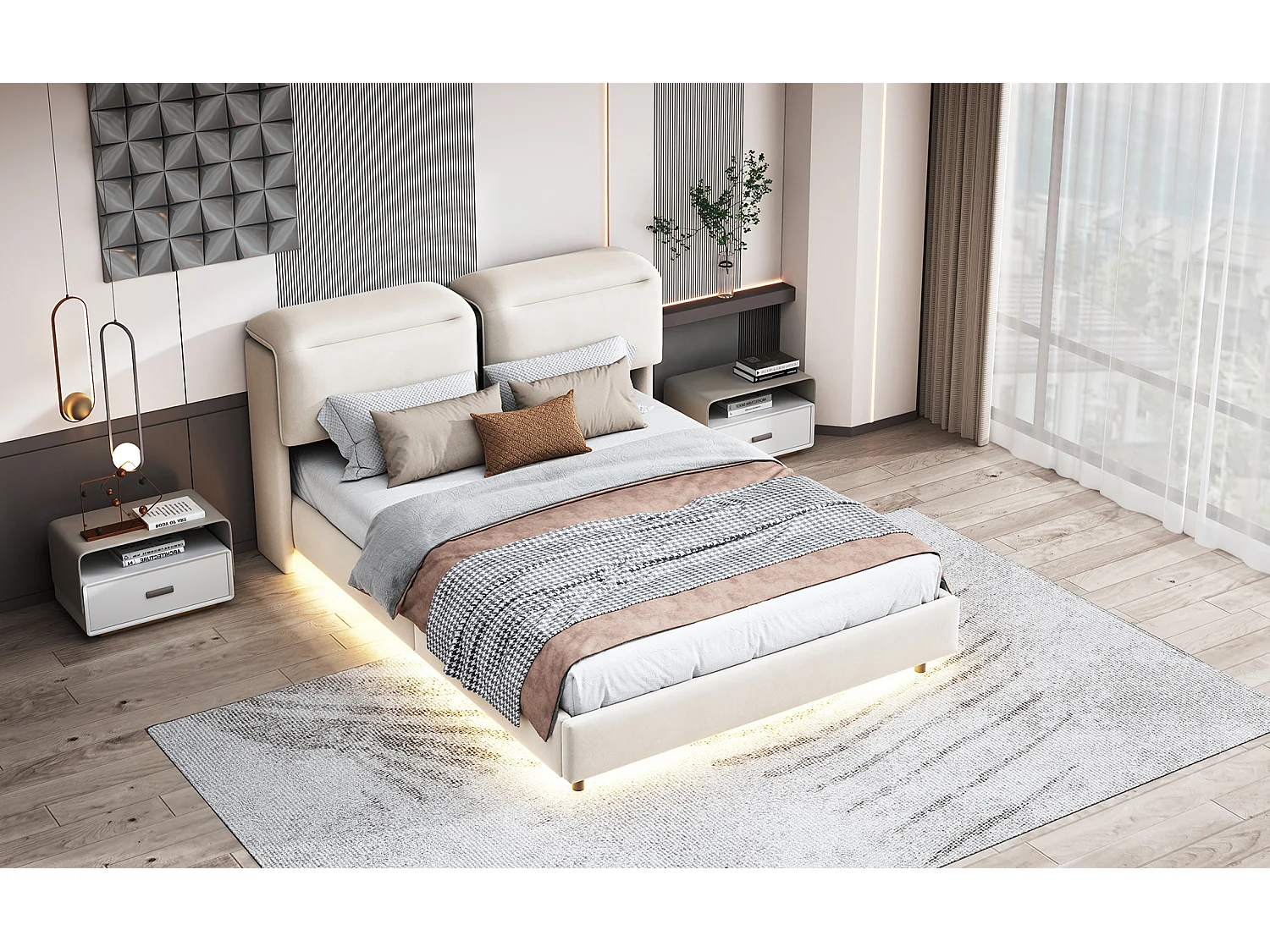 Cama doble color blanco roto, 160 x 200 cm, con iluminación LED, con cabecero abatible, arcón, hidráulica, en terciopelo, sin colchón