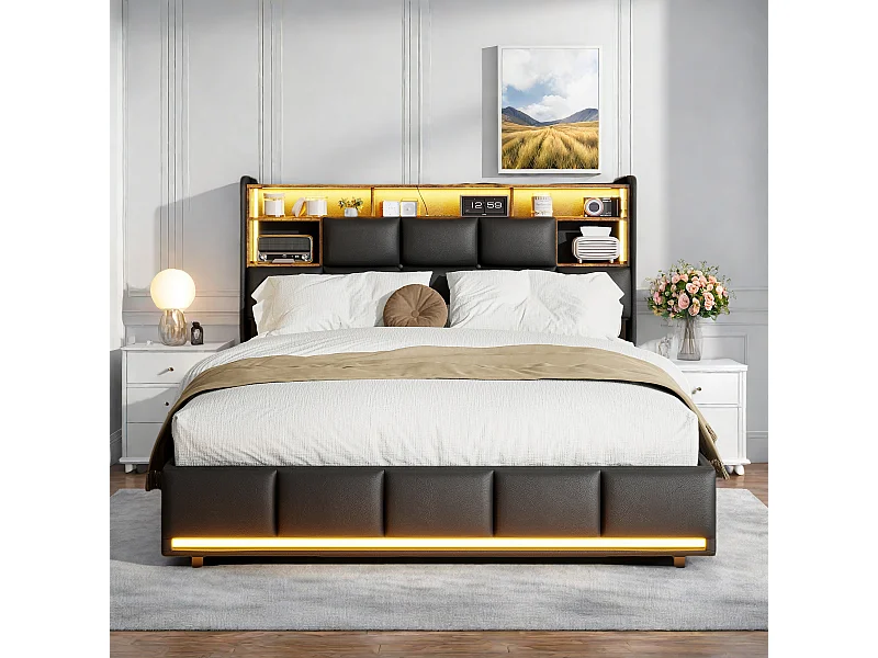 Cama de casal estofada 140x200 cm preta, com LED, cabeceira, arrumação hidráulica, base elevatória e estação de carregamento integrada