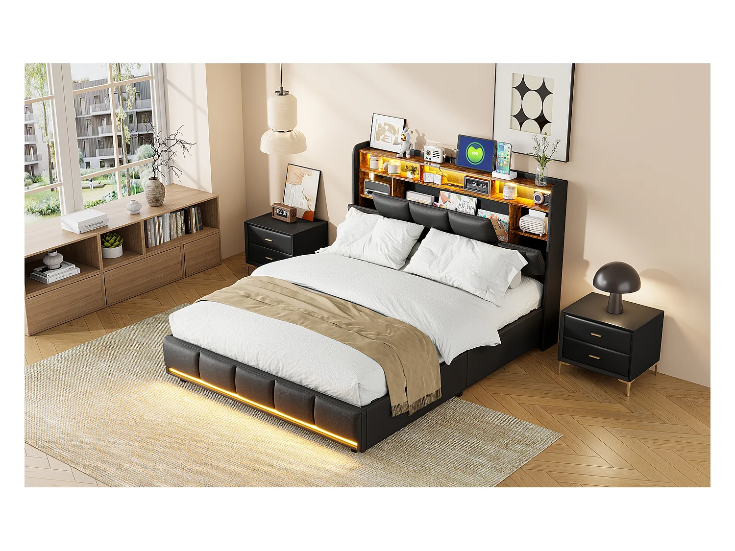 Letto matrimoniale imbottito 140x200 cm nero, con LED, testiera, contenitore idraulico, rete elevabile e stazione di ricarica integrata