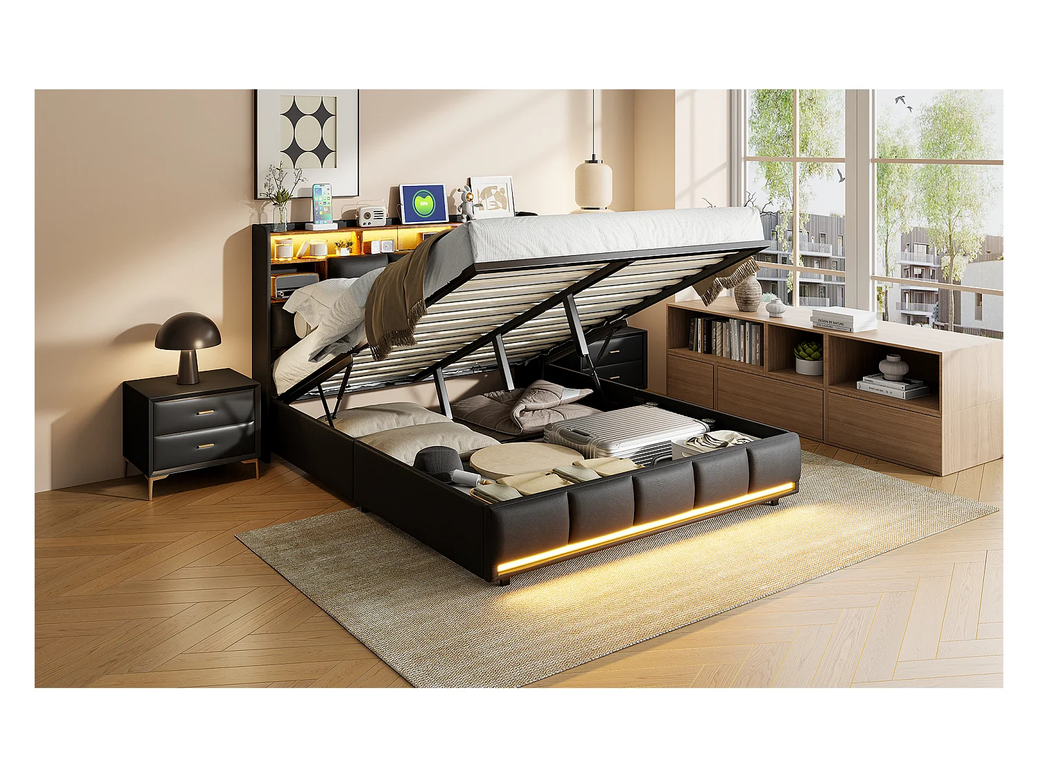 Letto matrimoniale imbottito 140x200 cm nero, con LED, testiera, contenitore idraulico, rete elevabile e stazione di ricarica integrata