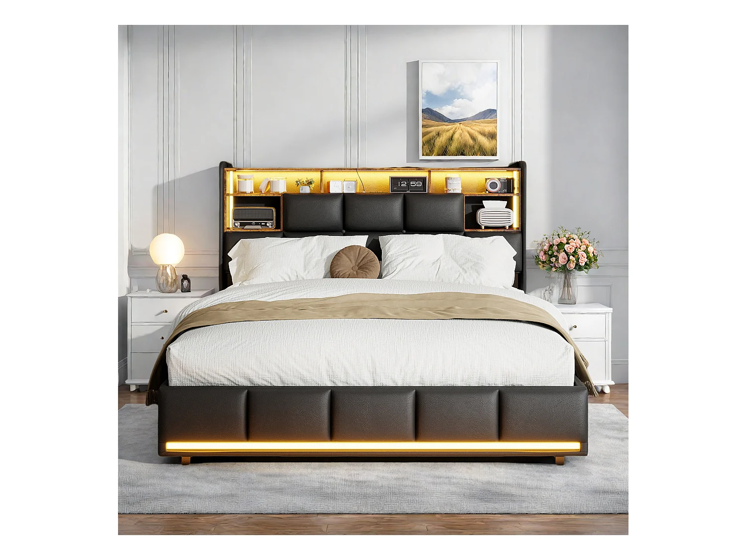 Lit double tapissé 140x200 cm noir, avec LED, tête de lit, rangement hydraulique, sommier relevable et station de charge intégrée