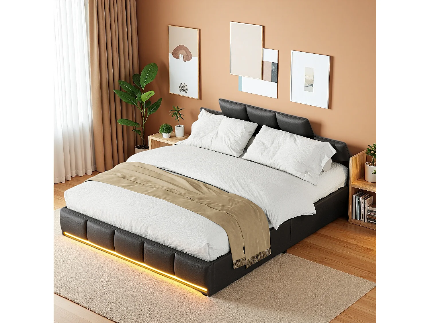 Lit double tapissé 140x200 cm noir, avec LED, tête de lit, rangement hydraulique, sommier relevable et station de charge intégrée