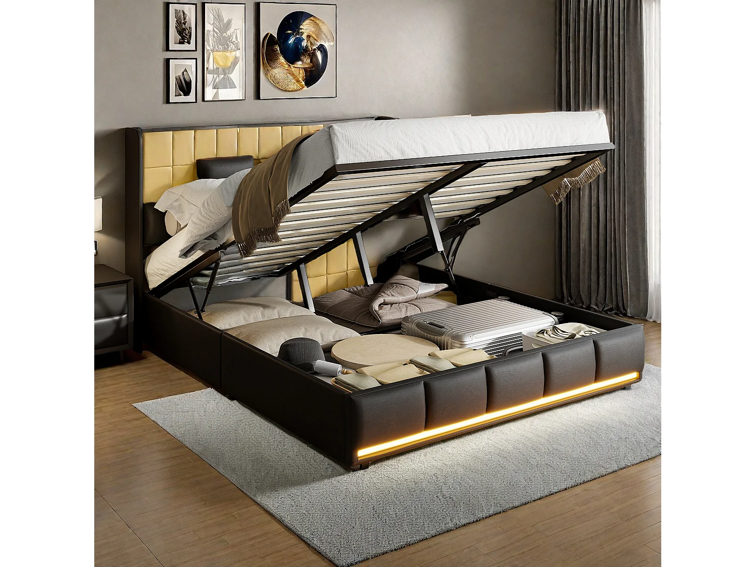 Lit double tapissé 140x200 cm noir, avec LED, tête de lit, rangement hydraulique, sommier relevable et station de charge intégrée