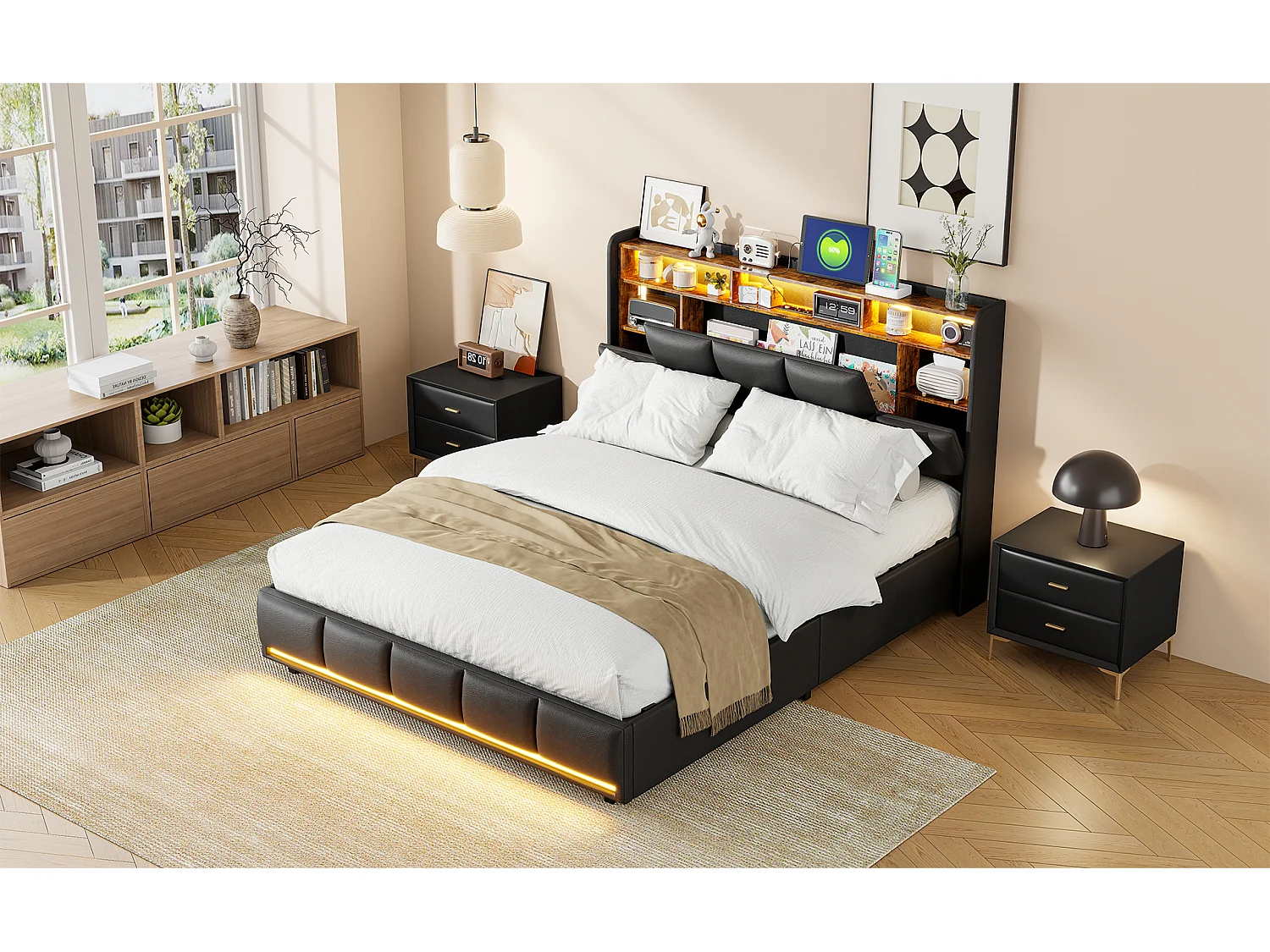 Lit double tapissé 140x200 cm noir, avec LED, tête de lit, rangement hydraulique, sommier relevable et station de charge intégrée