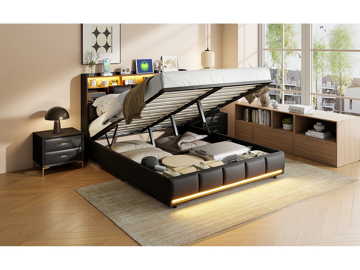 Lit double tapissé 140x200 cm noir, avec LED, tête de lit, rangement hydraulique, sommier relevable et station de charge intégrée