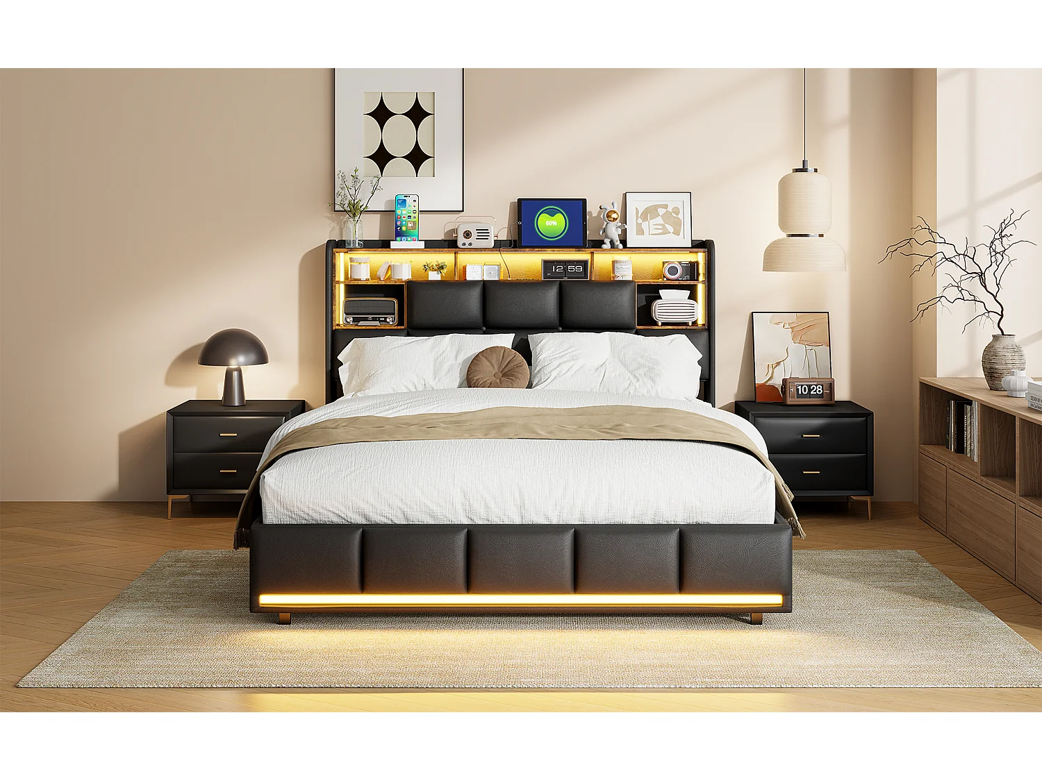 Lit double tapissé 140x200 cm noir, avec LED, tête de lit, rangement hydraulique, sommier relevable et station de charge intégrée