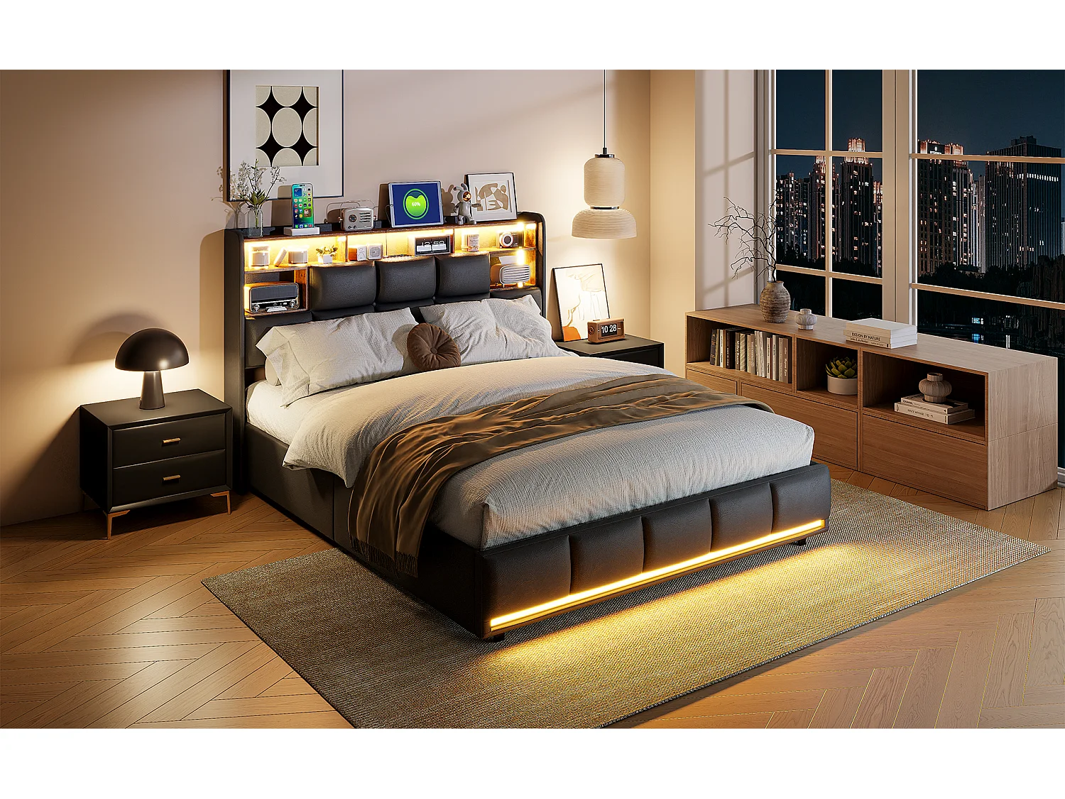 Lit double tapissé 140x200 cm noir, avec LED, tête de lit, rangement hydraulique, sommier relevable et station de charge intégrée