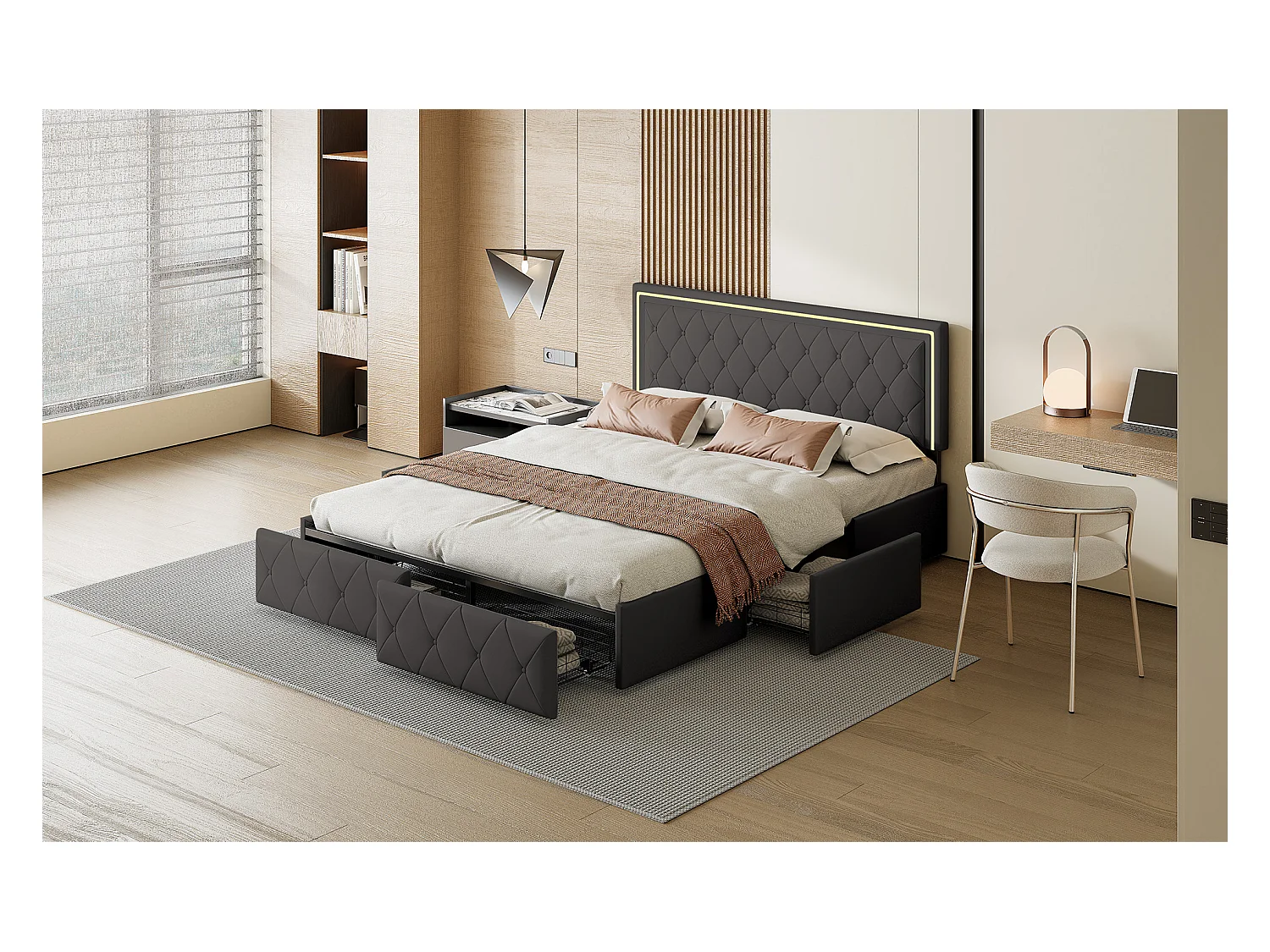 Lit double rembourré gris, 160 x 200 cm, avec éclairage LED, 4 tiroirs de rangement et tête de lit réglable en hauteur, coffre de rangement, avec sommier à lattes