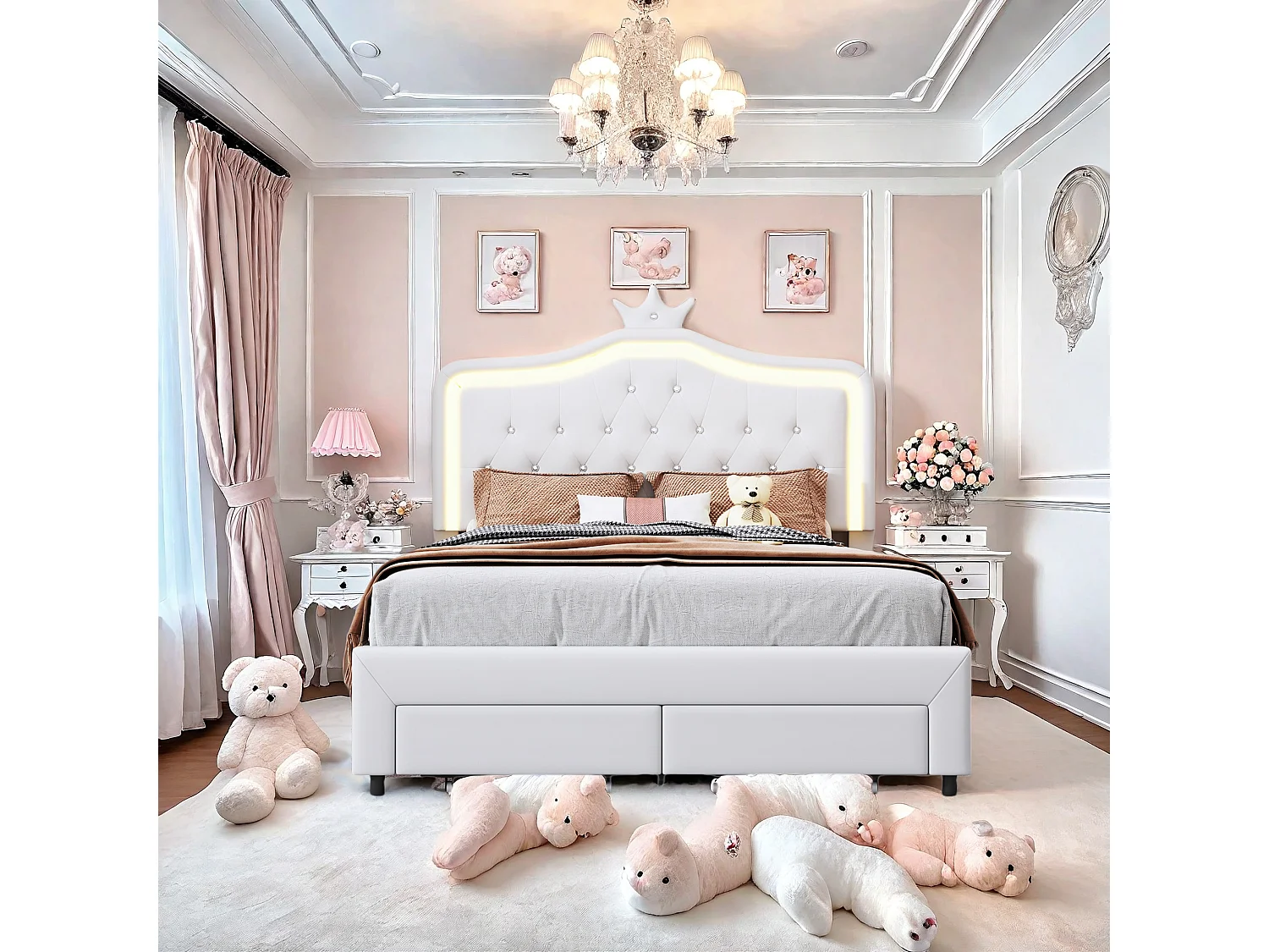 Cama infantil 90x200 cm acolchoada, cabeceira regulável, 2 gavetas, formato coroa com LED, estilo princesa, branca (sem colchão)