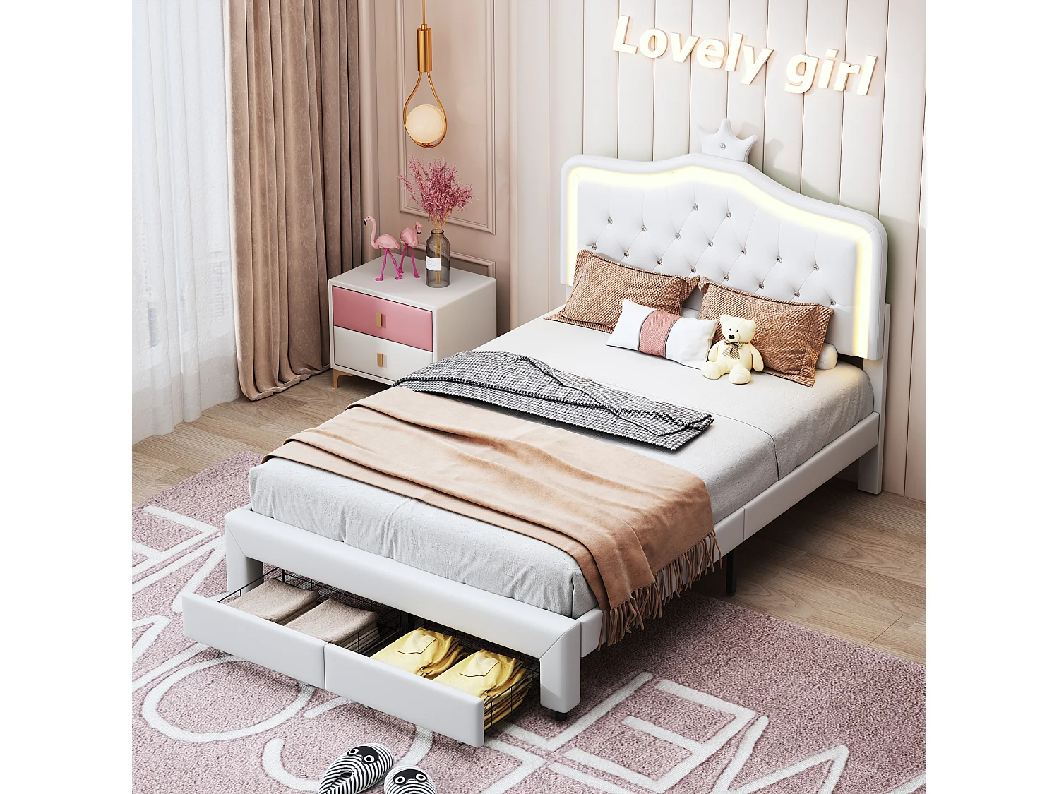 Cama infantil 90x200 cm acolchoada, cabeceira regulável, 2 gavetas, formato coroa com LED, estilo princesa, branca (sem colchão)