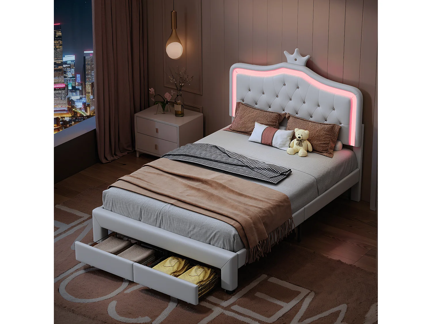 Cama infantil 90x200 cm acolchoada, cabeceira regulável, 2 gavetas, formato coroa com LED, estilo princesa, branca (sem colchão)