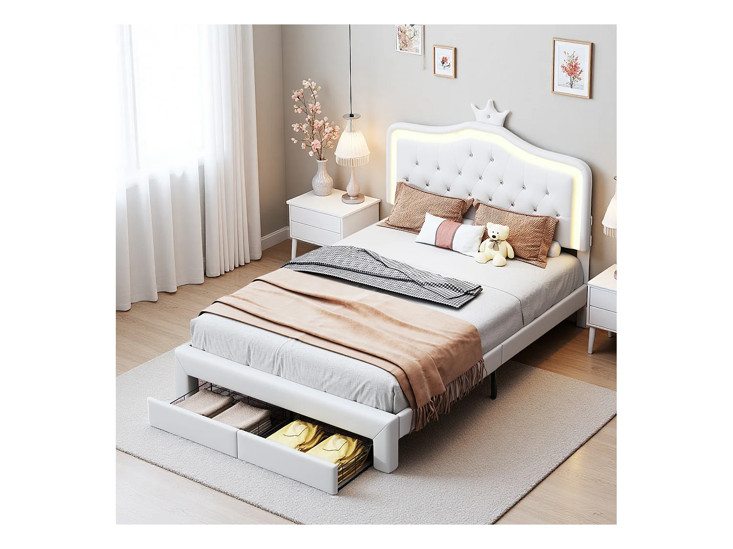 Lit enfant 140x200 cm rembourré, tête de lit réglable, 2 tiroirs, forme de couronne avec LED, style princesse, blanc (sans matelas)