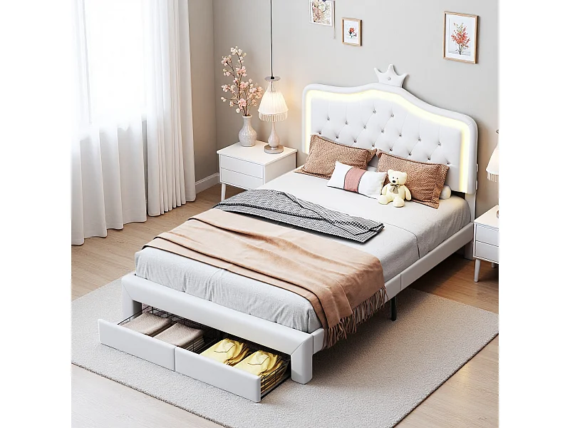 Cama infantil 140x200 cm acolchada, cabecero regulable, 2 cajones, forma corona con LED, estilo princesa, color blanco (sin colchón)