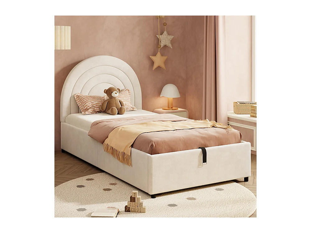 Lit coffre rembourré beige 90x200 cm pour enfant adolescent avec sommier à lattes tête de lit rangement velours montage facile