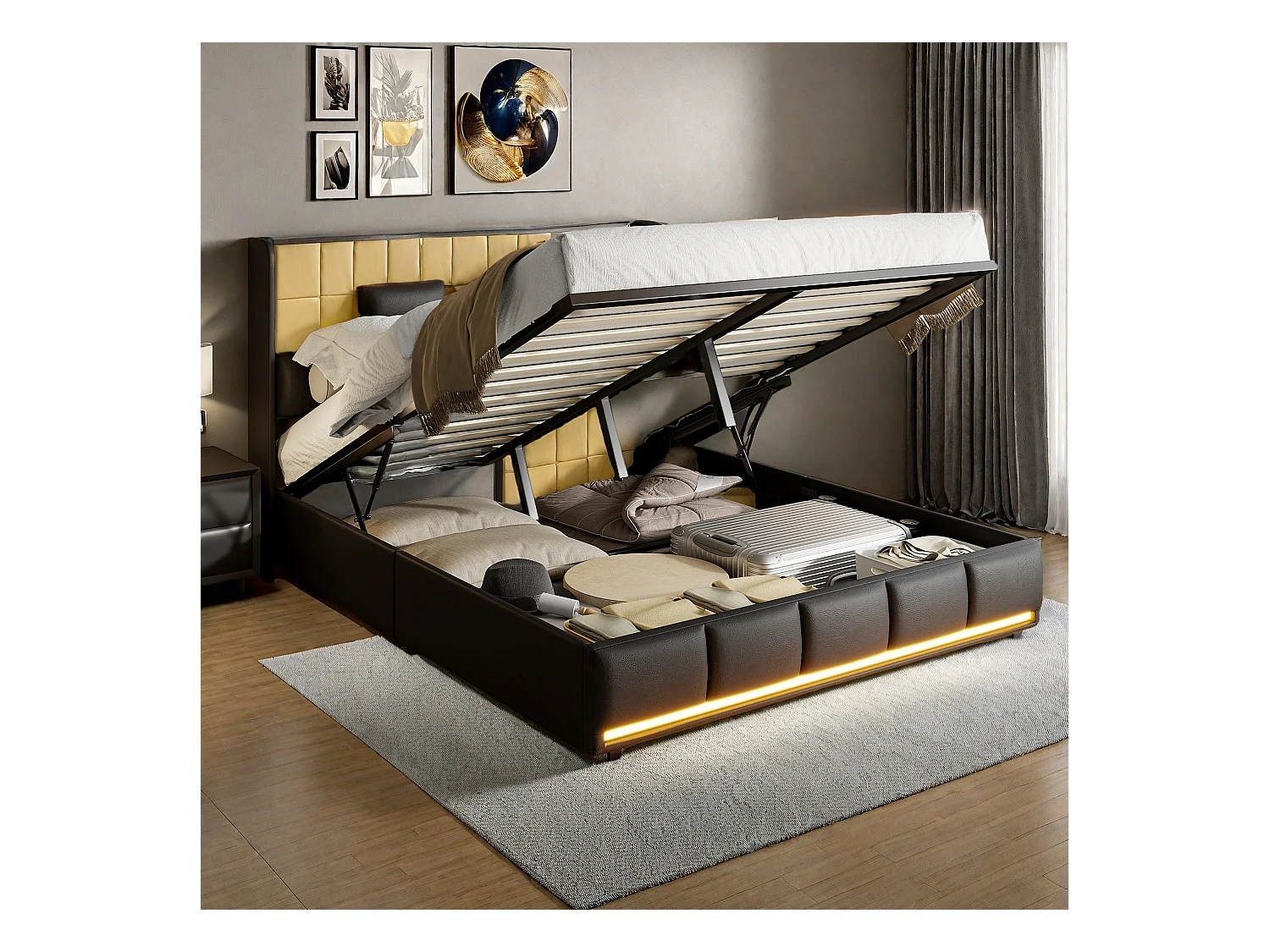 Letto matrimoniale imbottito 160x200 cm nero, con LED, testiera, contenitore idraulico, rete elevabile e stazione di ricarica integrata