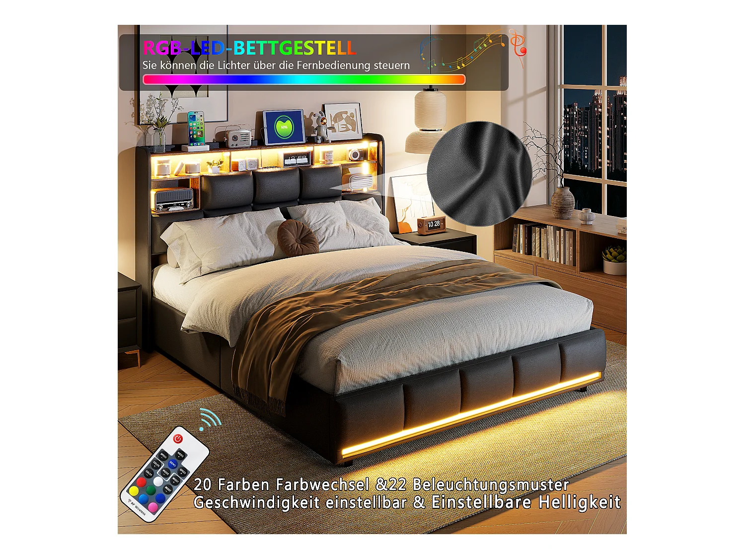 Letto matrimoniale imbottito 160x200 cm nero, con LED, testiera, contenitore idraulico, rete elevabile e stazione di ricarica integrata