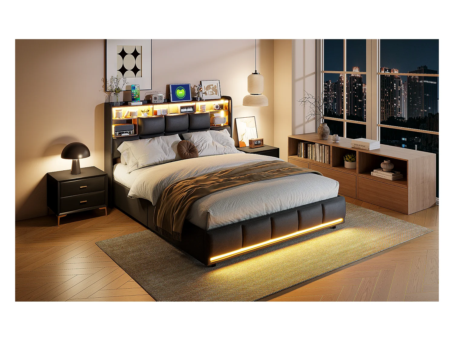 Letto matrimoniale imbottito 160x200 cm nero, con LED, testiera, contenitore idraulico, rete elevabile e stazione di ricarica integrata