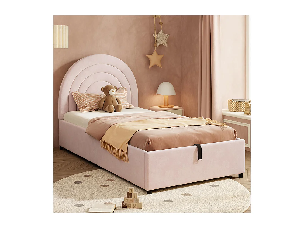 Lit coffre rembourré rose 90x200 cm pour enfant et adolescent avec sommier à lattes tête de lit rangement velours montage facile