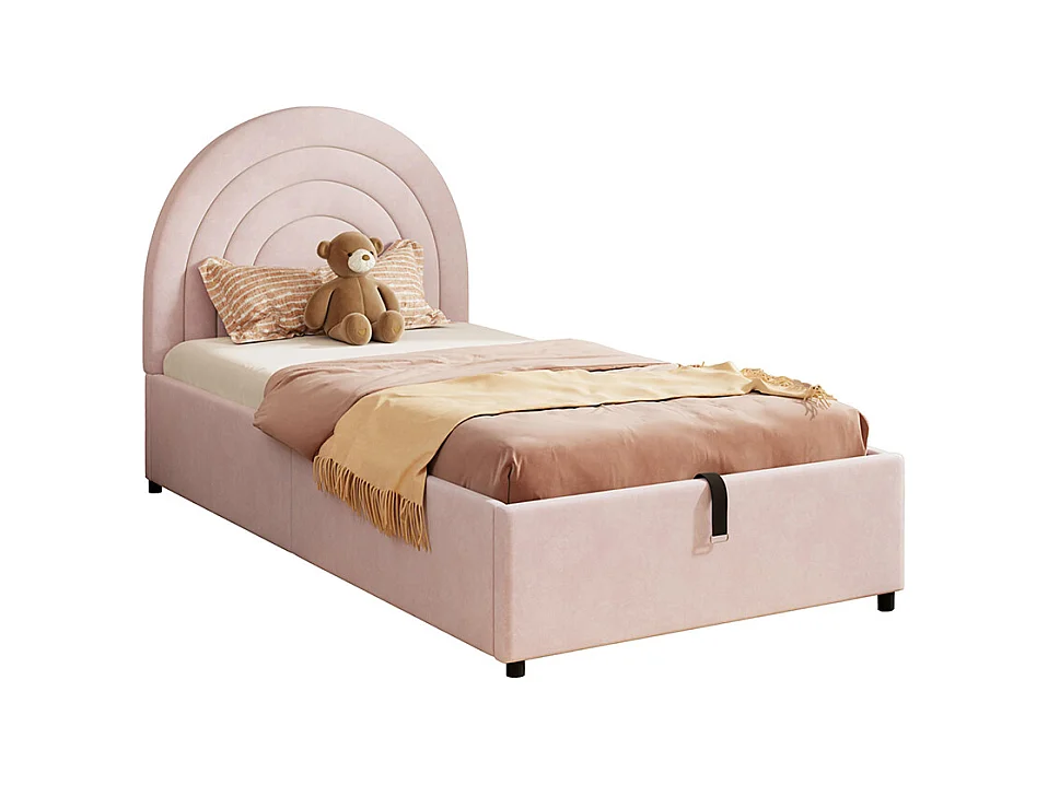 Lit coffre rembourré rose 90x200 cm pour enfant et adolescent avec sommier à lattes tête de lit rangement velours montage facile