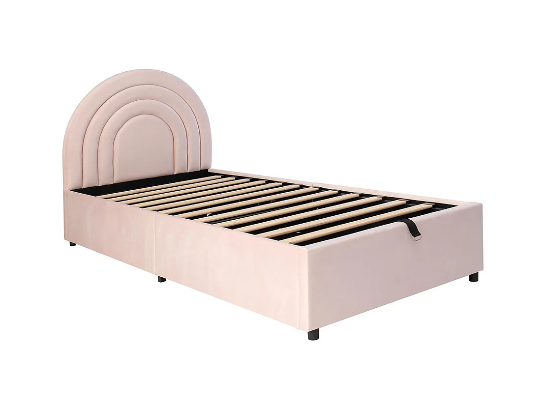 Lit coffre rembourré rose 90x200 cm pour enfant et adolescent avec sommier à lattes tête de lit rangement velours montage facile