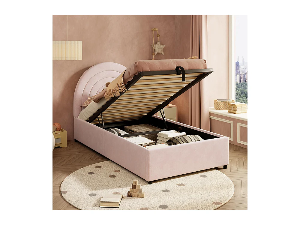 Lit coffre rembourré rose 90x200 cm pour enfant et adolescent avec sommier à lattes tête de lit rangement velours montage facile