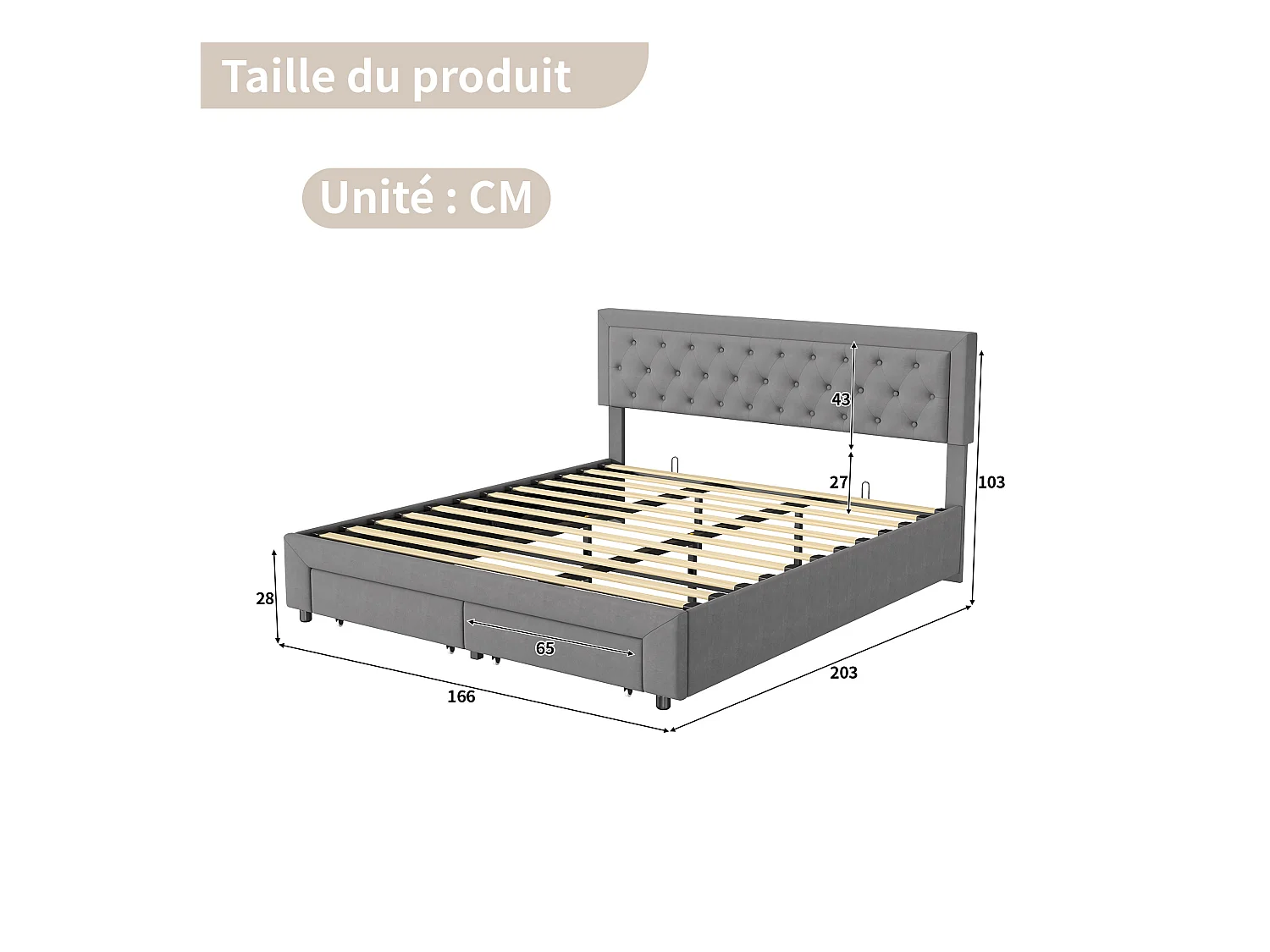 Letto contenitore grigio 160 x 200 cm, in velluto, con testiera imbottita regolabile in altezza, letto contenitore con cassetti e doghe in legno