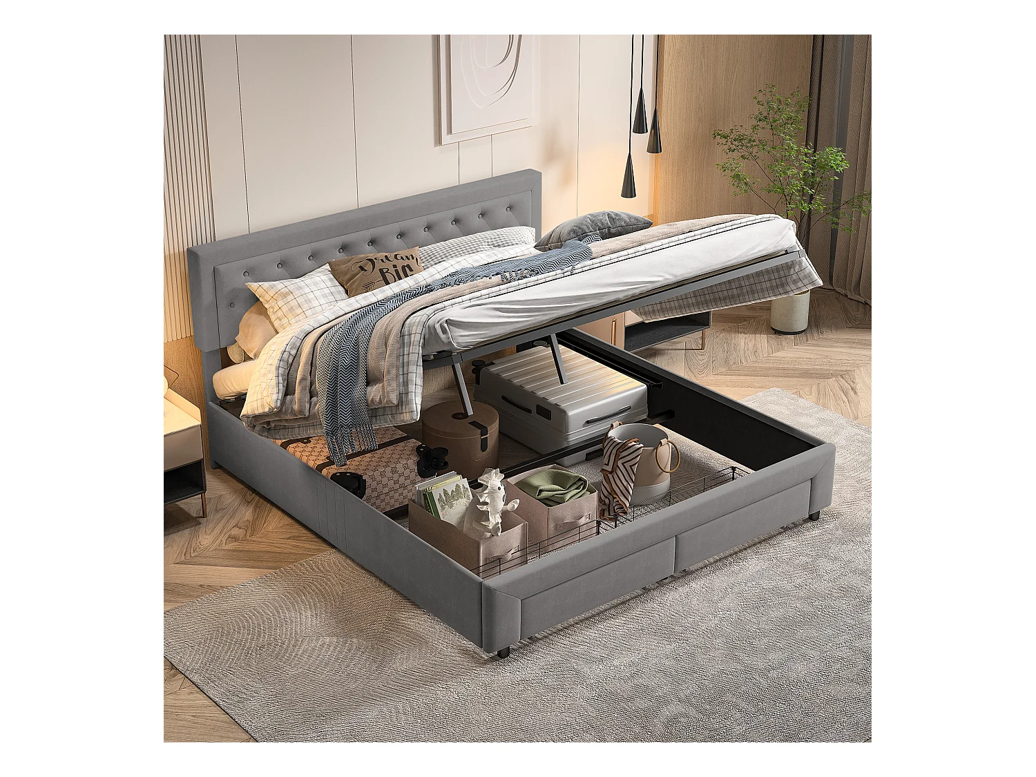 Letto contenitore grigio 160 x 200 cm, in velluto, con testiera imbottita regolabile in altezza, letto contenitore con cassetti e doghe in legno