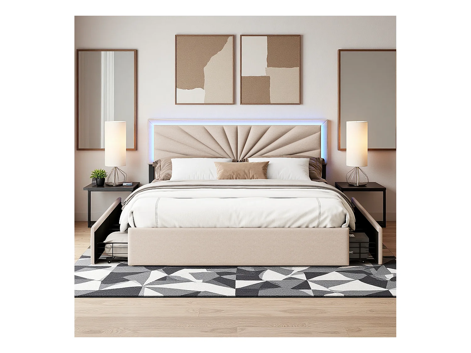 Letto matrimoniale 140x200 cm in lino con LED, robusta rete a doghe, 4 cassetti integrati, design moderno e pratico per 2 persone (senza materasso)