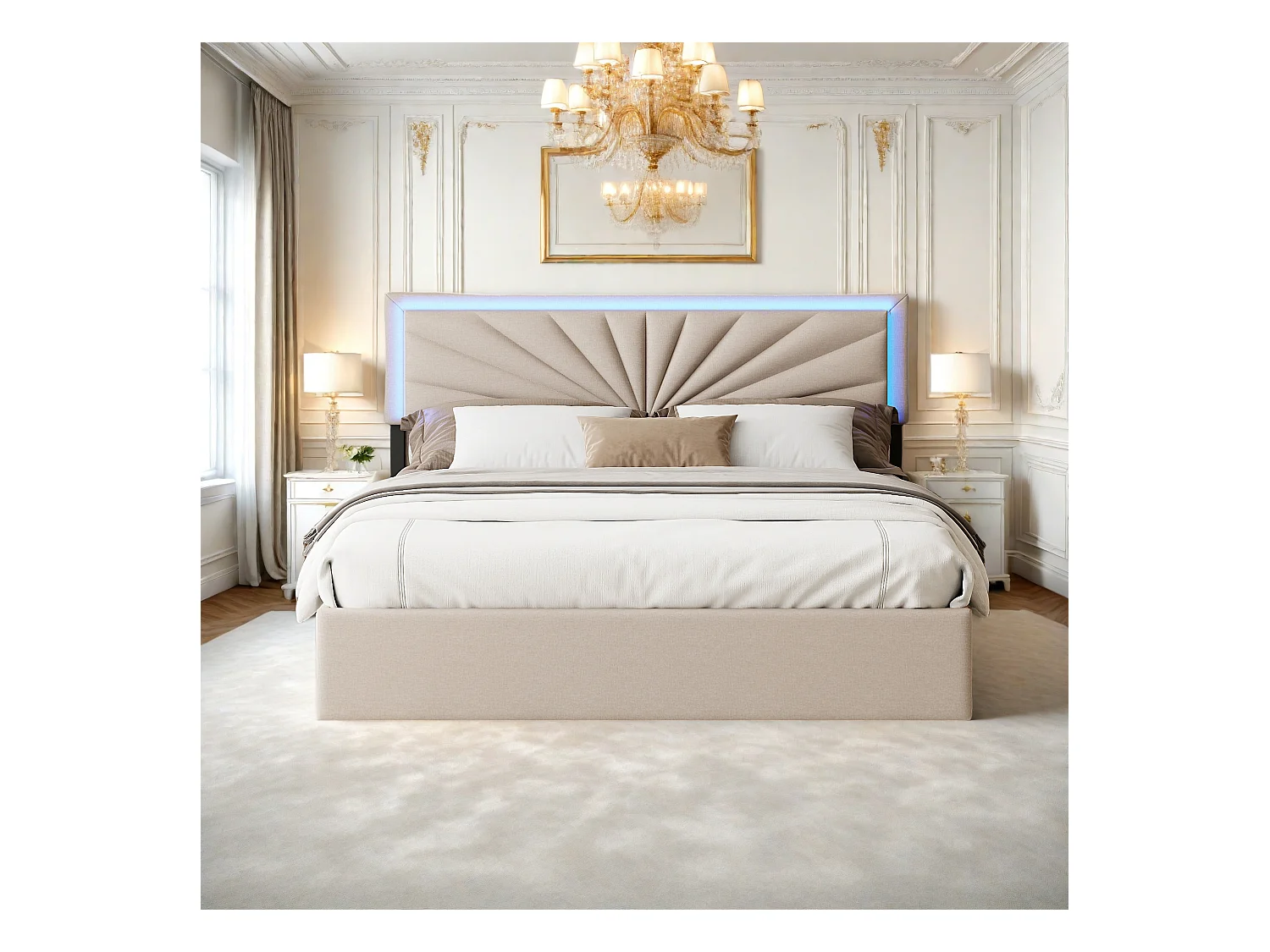 Letto matrimoniale 140x200 cm in lino con LED, robusta rete a doghe, 4 cassetti integrati, design moderno e pratico per 2 persone (senza materasso)