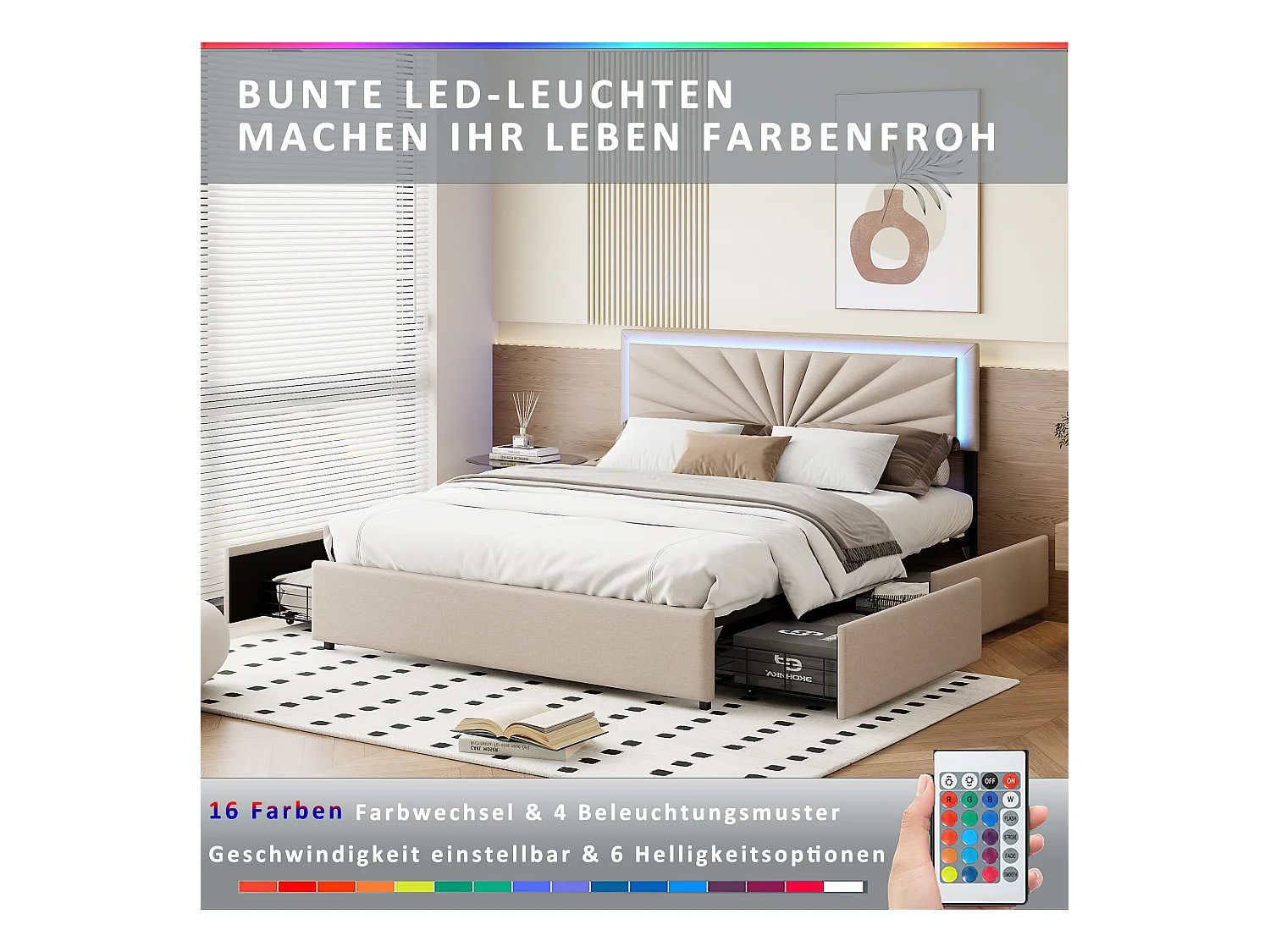 Letto matrimoniale 140x200 cm in lino con LED, robusta rete a doghe, 4 cassetti integrati, design moderno e pratico per 2 persone (senza materasso)