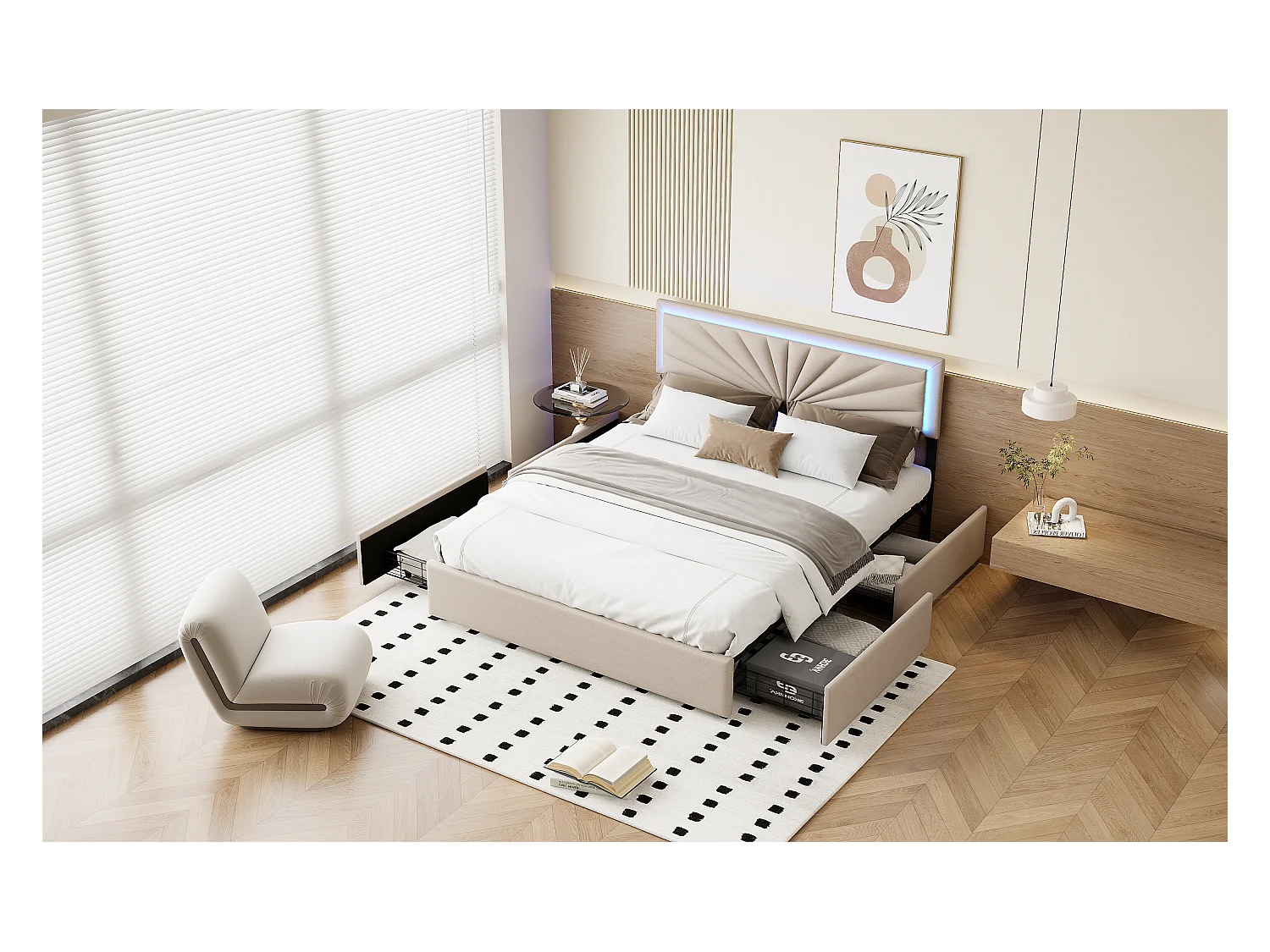 Letto matrimoniale 140x200 cm in lino con LED, robusta rete a doghe, 4 cassetti integrati, design moderno e pratico per 2 persone (senza materasso)