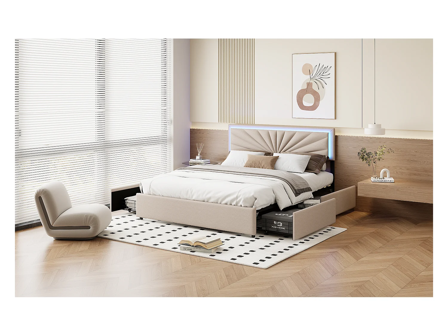 Letto matrimoniale 140x200 cm in lino con LED, robusta rete a doghe, 4 cassetti integrati, design moderno e pratico per 2 persone (senza materasso)