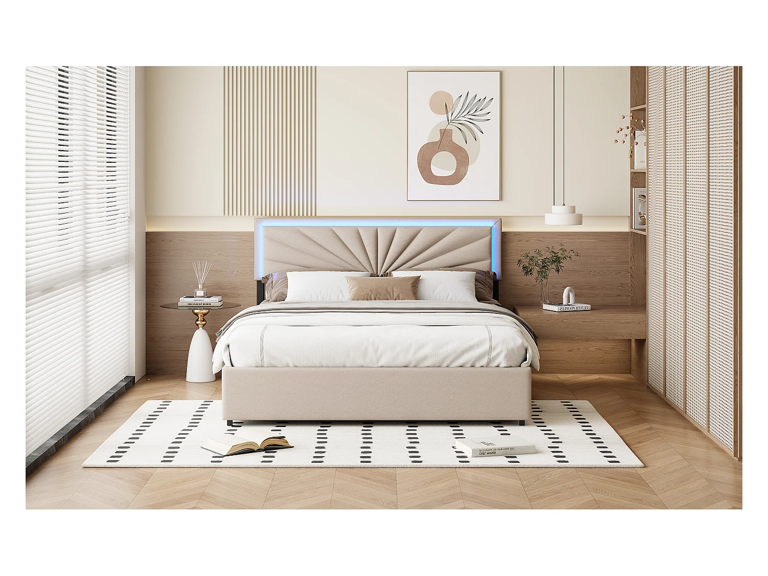 Letto matrimoniale 140x200 cm in lino con LED, robusta rete a doghe, 4 cassetti integrati, design moderno e pratico per 2 persone (senza materasso)