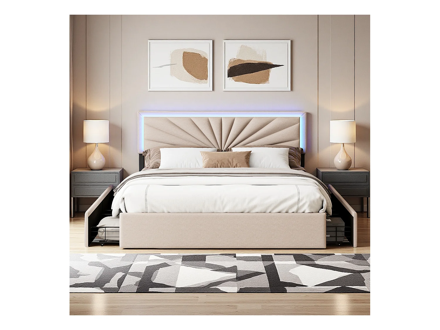 Lit double 140x200 cm en lin avec LED, sommier à lattes robuste, 4 tiroirs intégrés, design moderne et pratique pour 2 personnes (sans matelas)