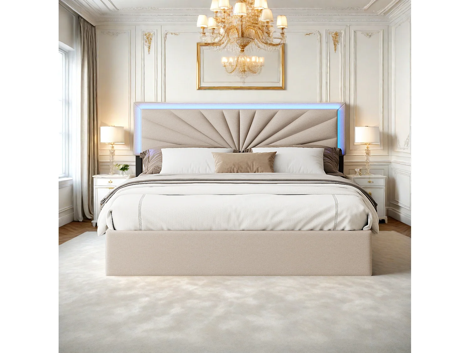 Lit double 140x200 cm en lin avec LED, sommier à lattes robuste, 4 tiroirs intégrés, design moderne et pratique pour 2 personnes (sans matelas)