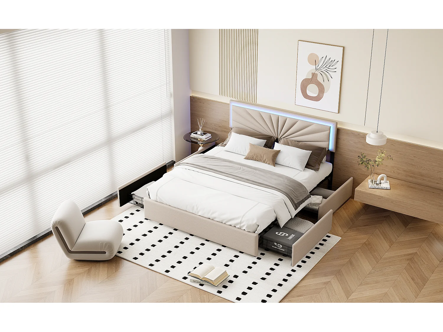 Lit double 140x200 cm en lin avec LED, sommier à lattes robuste, 4 tiroirs intégrés, design moderne et pratique pour 2 personnes (sans matelas)