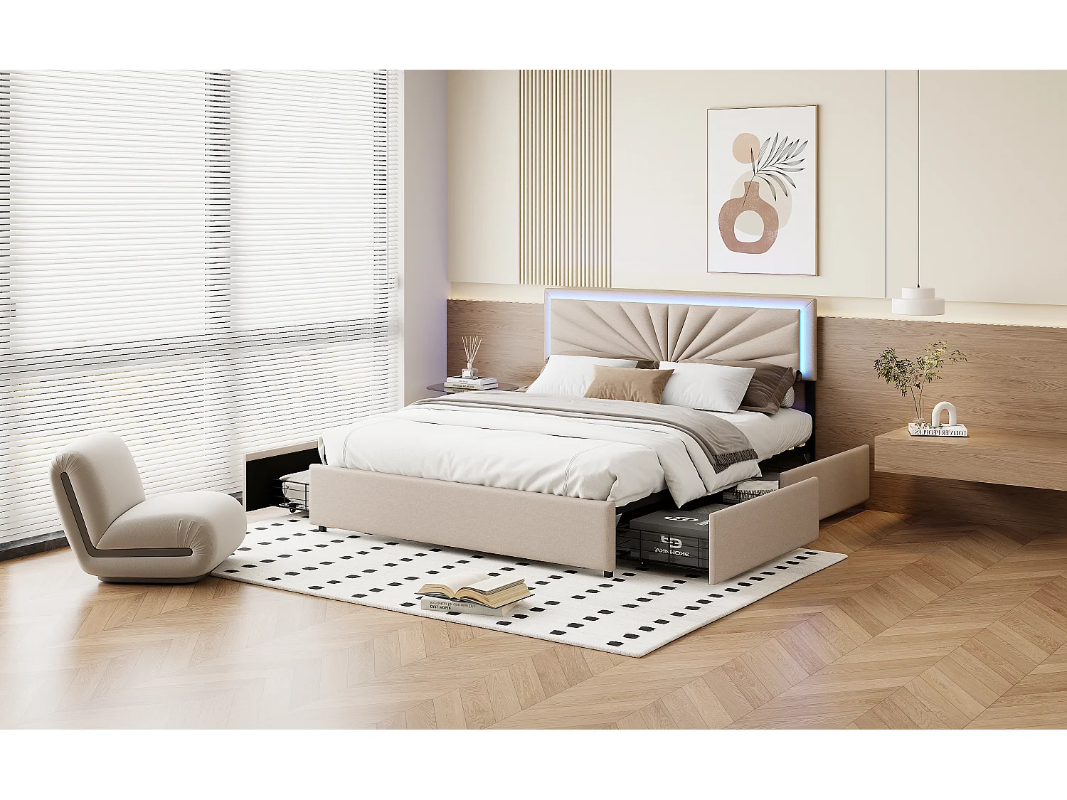 Lit double 140x200 cm en lin avec LED, sommier à lattes robuste, 4 tiroirs intégrés, design moderne et pratique pour 2 personnes (sans matelas)