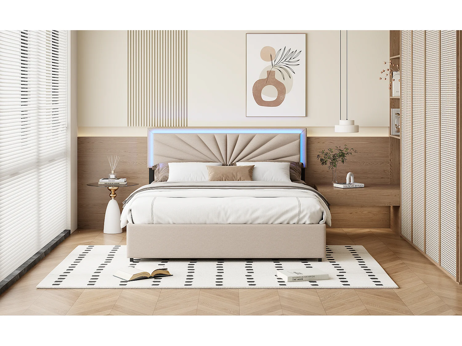 Lit double 140x200 cm en lin avec LED, sommier à lattes robuste, 4 tiroirs intégrés, design moderne et pratique pour 2 personnes (sans matelas)