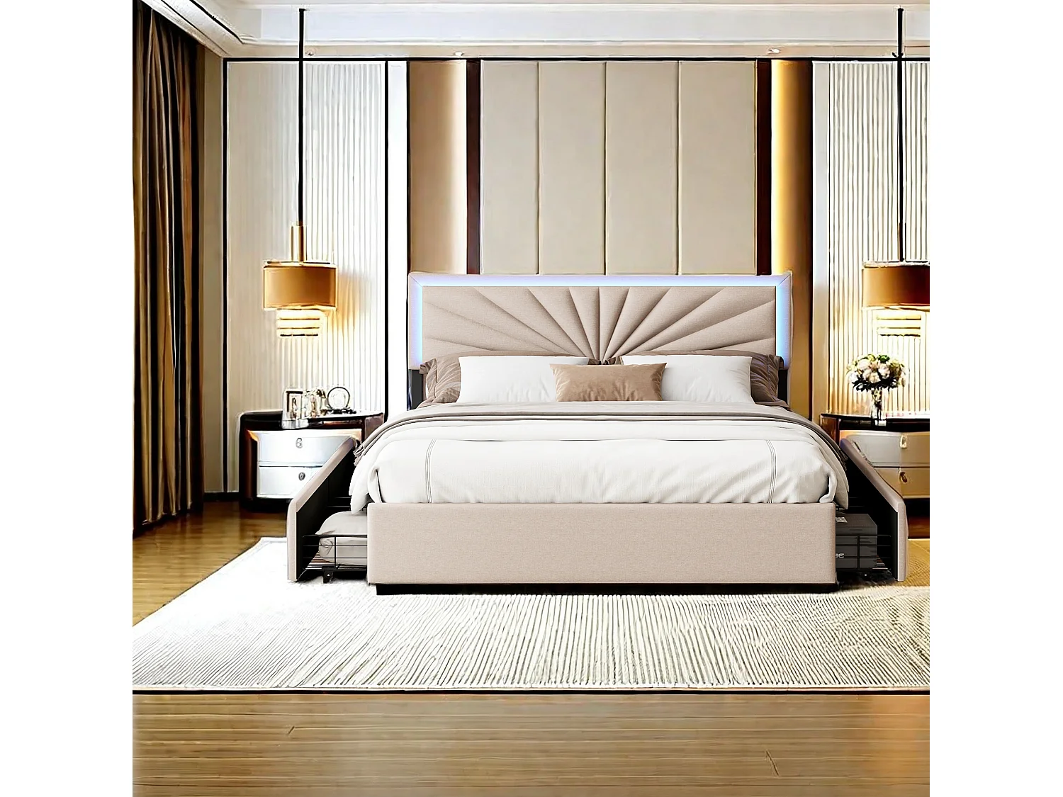 Lit double 140x200 cm en lin avec LED, sommier à lattes robuste, 4 tiroirs intégrés, design moderne et pratique pour 2 personnes (sans matelas)