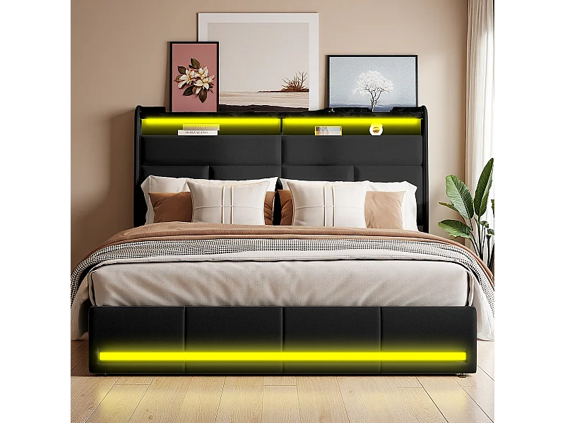 Cama estofada 140x200 cm em PU, com LED e portas USB, base de abertura hidráulica, amplo espaço de armazenamento (sem colchão)