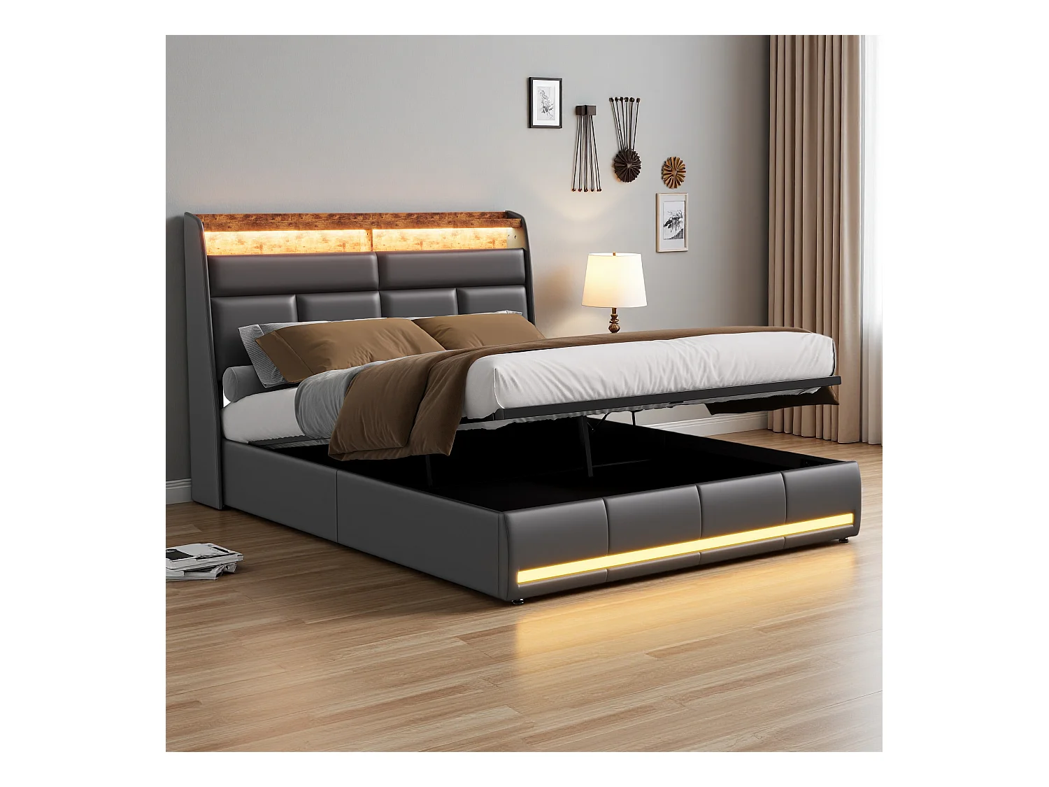 Gestoffeerd bed 140x200 cm in PU, met LED- en USB-aansluitingen, hydraulisch te openen bodem, grote opbergruimte (zonder matras)