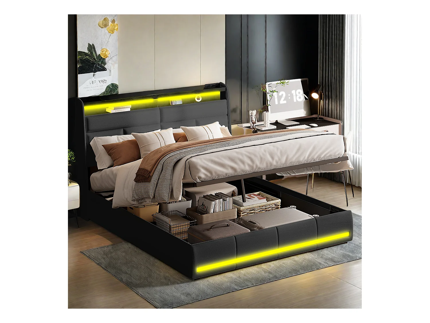 Letto imbottito 140x200 cm in PU, con LED e porte USB, rete ad apertura idraulica, ampio spazio contenitore (senza materasso)