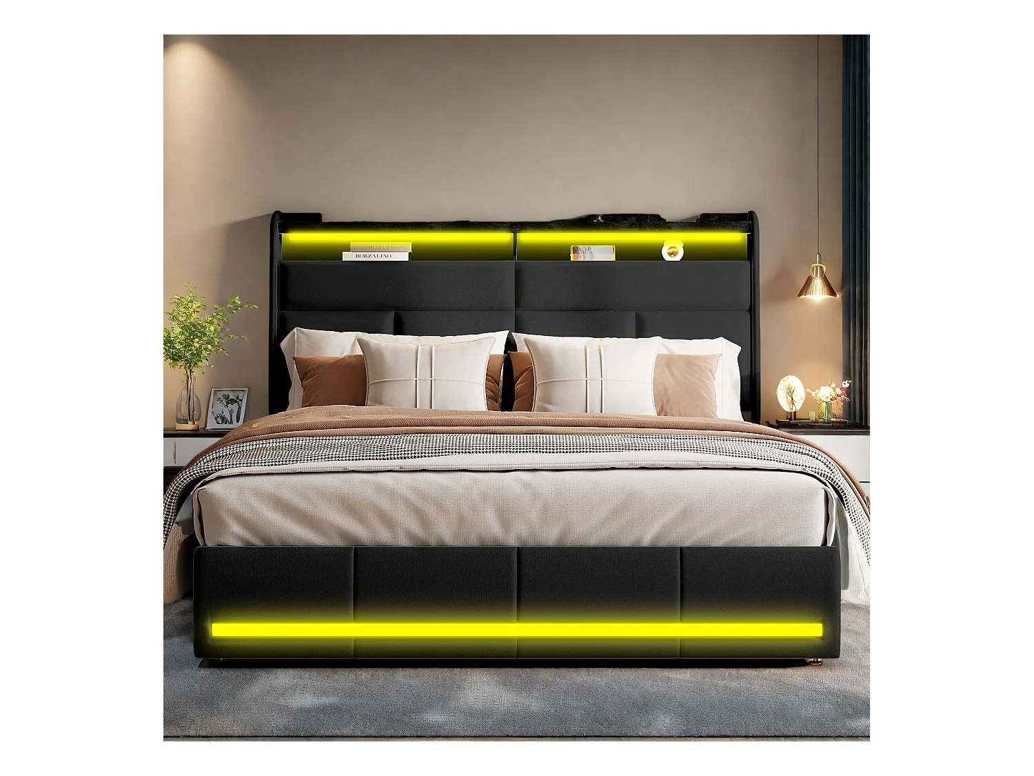 Letto imbottito 140x200 cm in PU, con LED e porte USB, rete ad apertura idraulica, ampio spazio contenitore (senza materasso)