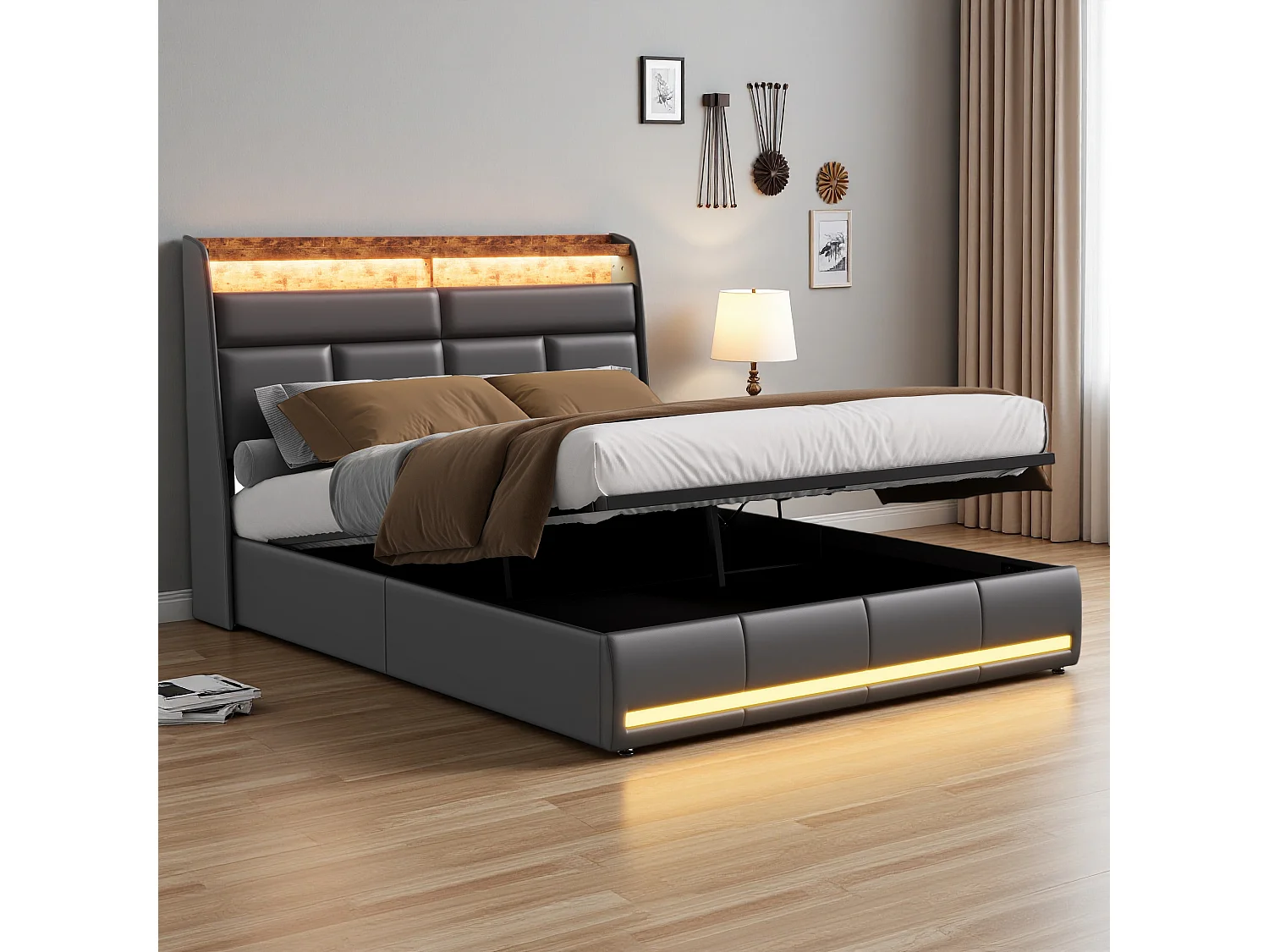 Lit tapissé moir 140x200 cm en PU, avec LED et ports USB, sommier à ouverture hydraulique, grand espace de rangement (sans matelas)